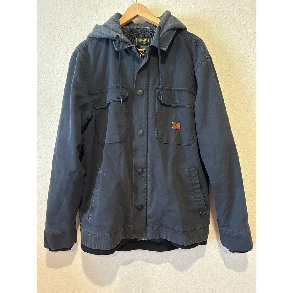 Billabong Utility Chore Jacket Sz L Sherpa Lined Thick Canvas Hood Gray Work